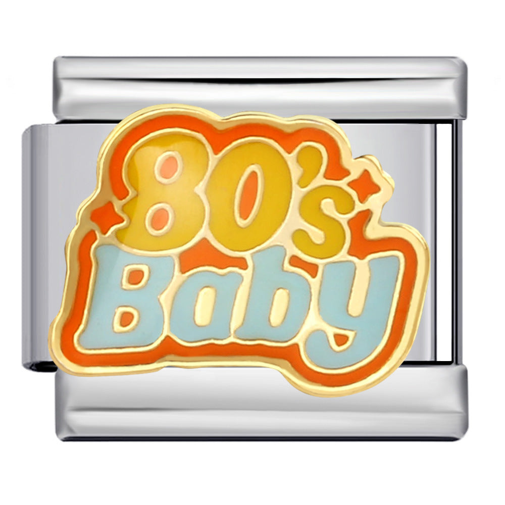 A silver-toned Italian charm link featuring a retro '80's Baby' enamel pin design with yellow, orange, and light blue lettering.