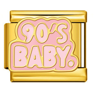 Gold charm with '90's Baby' text on a pink background