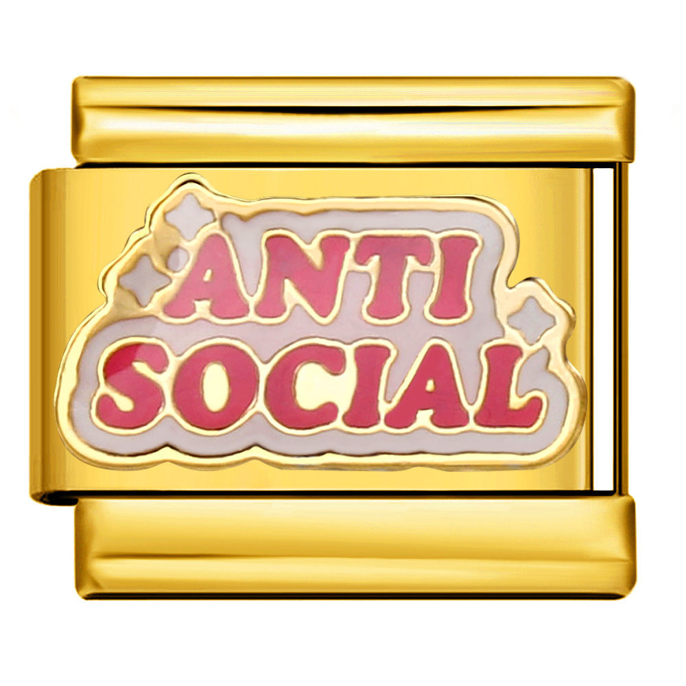 Gold charm with 'ANTI SOCIAL' text on a pink background