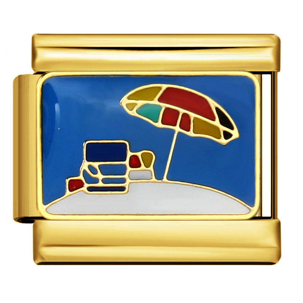Gold Beach Day Italian Charm featuring a multicolored beach umbrella, blue and white striped lounge chair, sandy beach, and bright blue background.