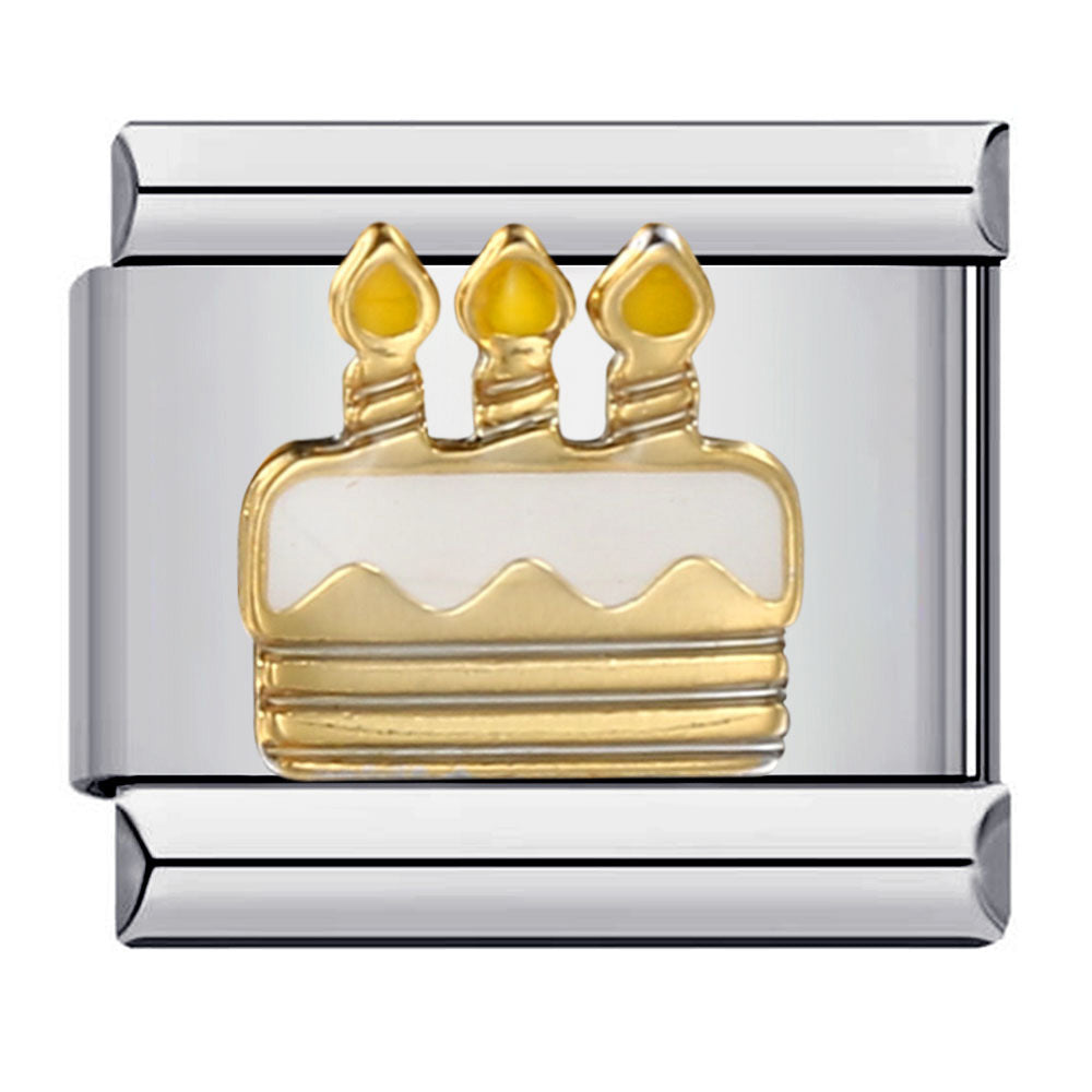 A silver-toned Italian charm link featuring a gold-toned cake with three lit candles