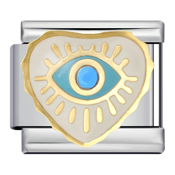 Silver-toned Italian charm link with a blue evil eye with gold outlines and eyelashes, inside of a gold heart with a white background