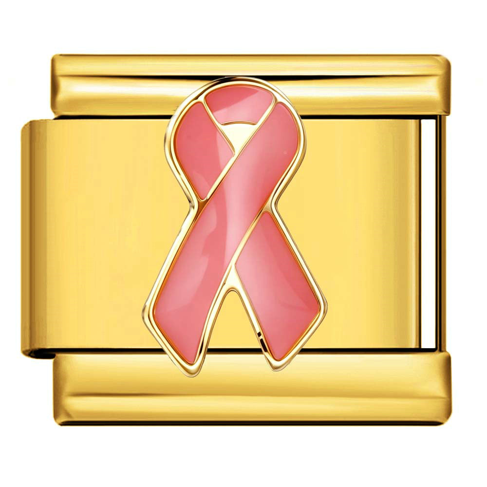 A gold-toned Italian charm link featuring a glossy pink enamel awareness ribbon with a gold-plated border