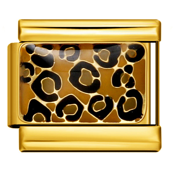Gold toned modular charm with a brown cheetah print on it