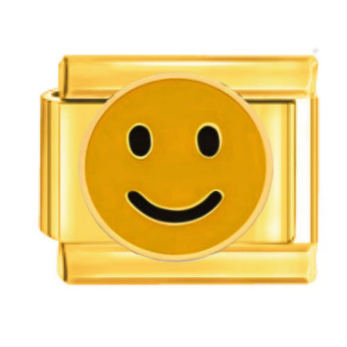A gold-toned Italian charm link featuring a round yellow smiley face enamel inlay with black eyes and a curved smile.