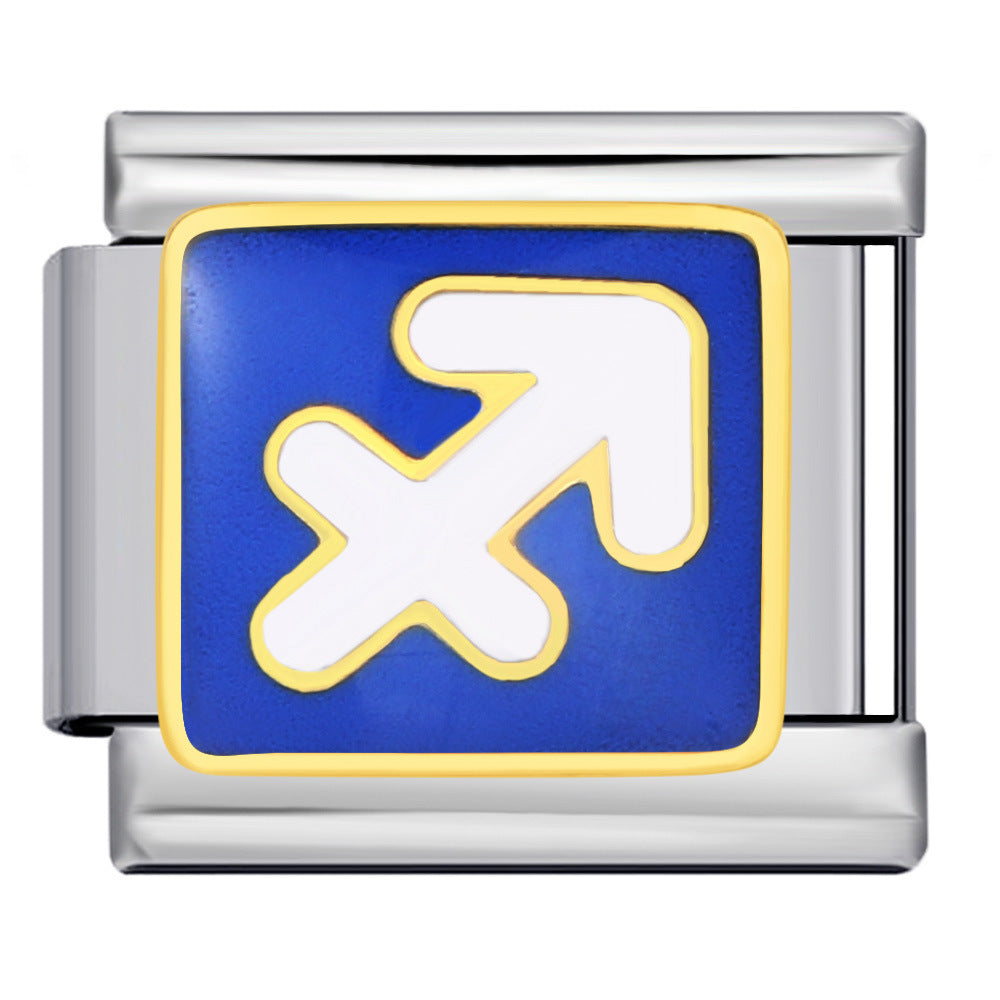 A silver-toned metal charm link featuring a square blue enamel face with a white Sagittarius astrological symbol outlined in gold.