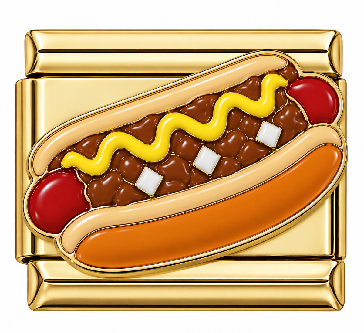 Gold-toned Italian charm link that has a coney dog on it