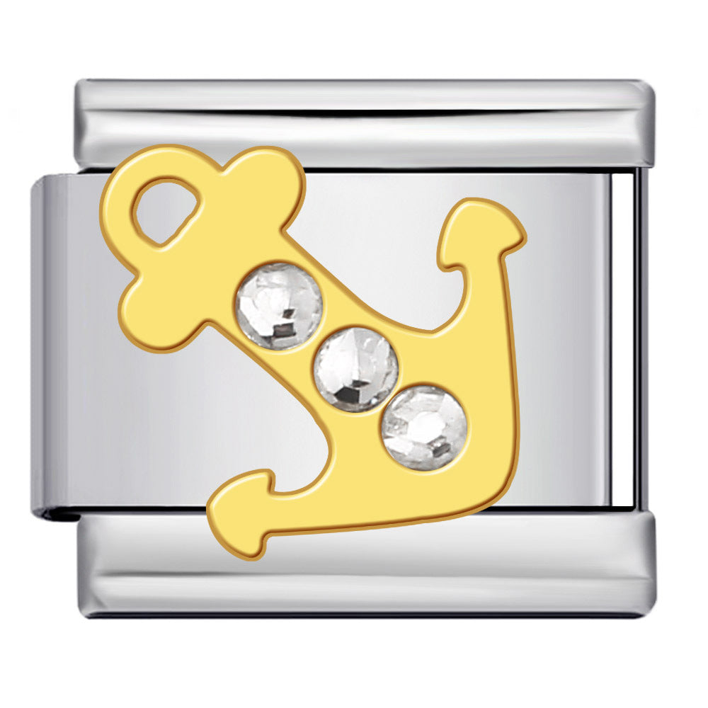 Silver-toned Italian charm link with a gold anchor and three clear stones inside the anchor