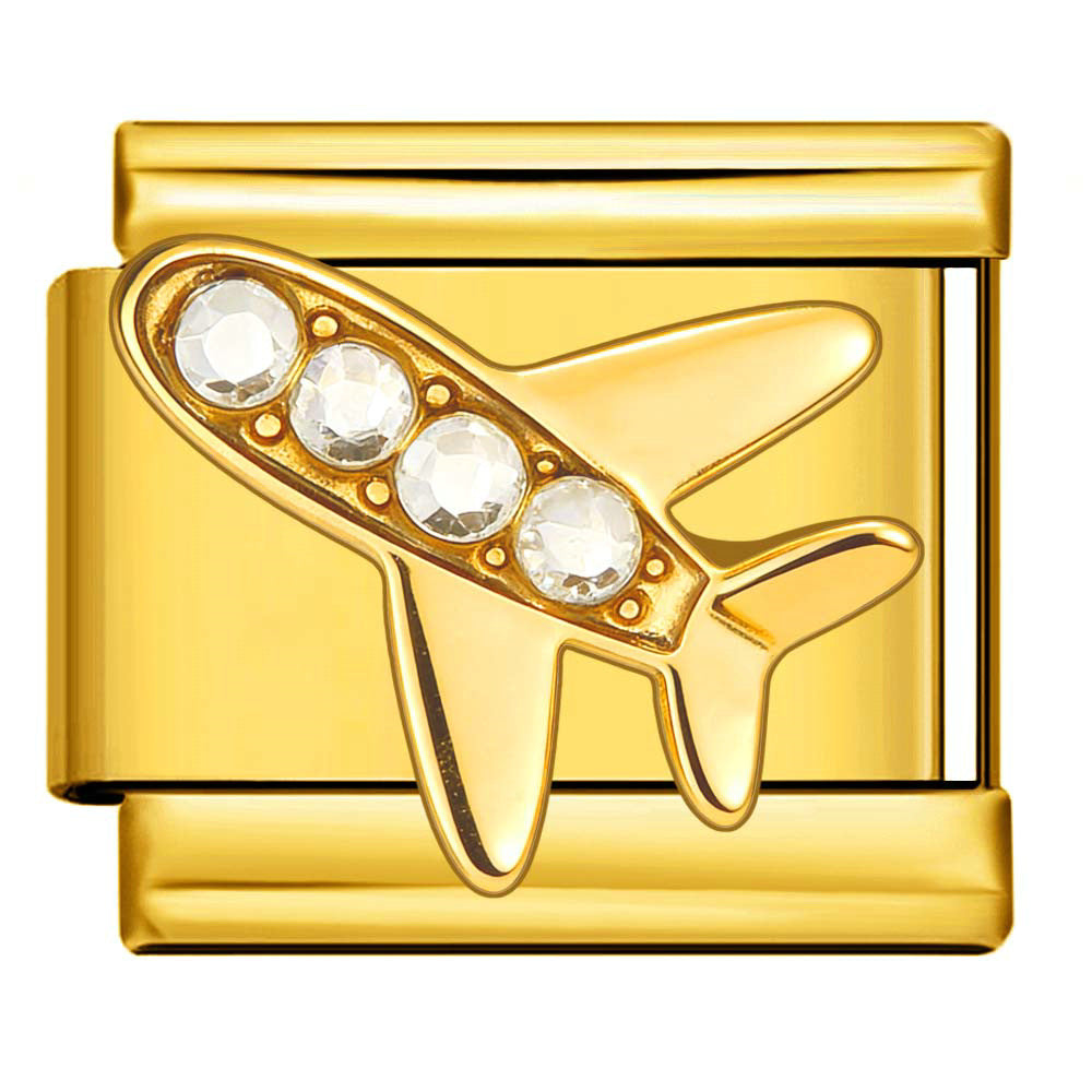 Gold charm with an airplane with embedded crystals