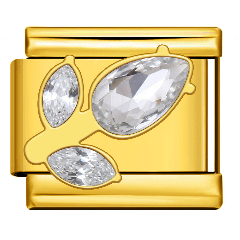 Gold Crystal Tulip Italian Charm featuring three faceted clear marquise-shaped crystals arranged in a tulip-inspired design on a polished gold link.