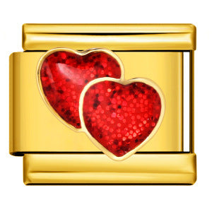 Gold-toned Italian charm with two overlapping red glittery hearts