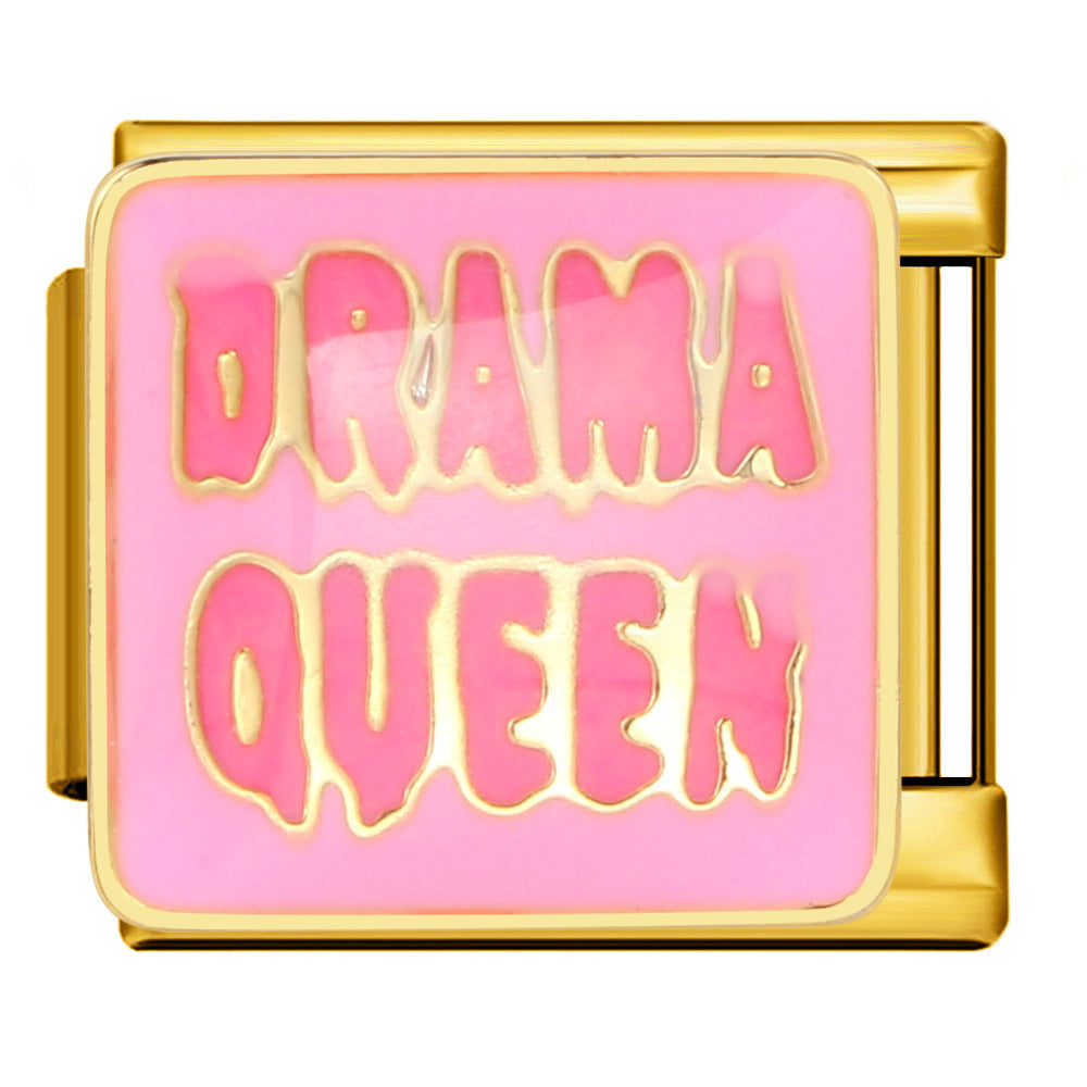 Gold charm with pink background and 'Drama Queen' text