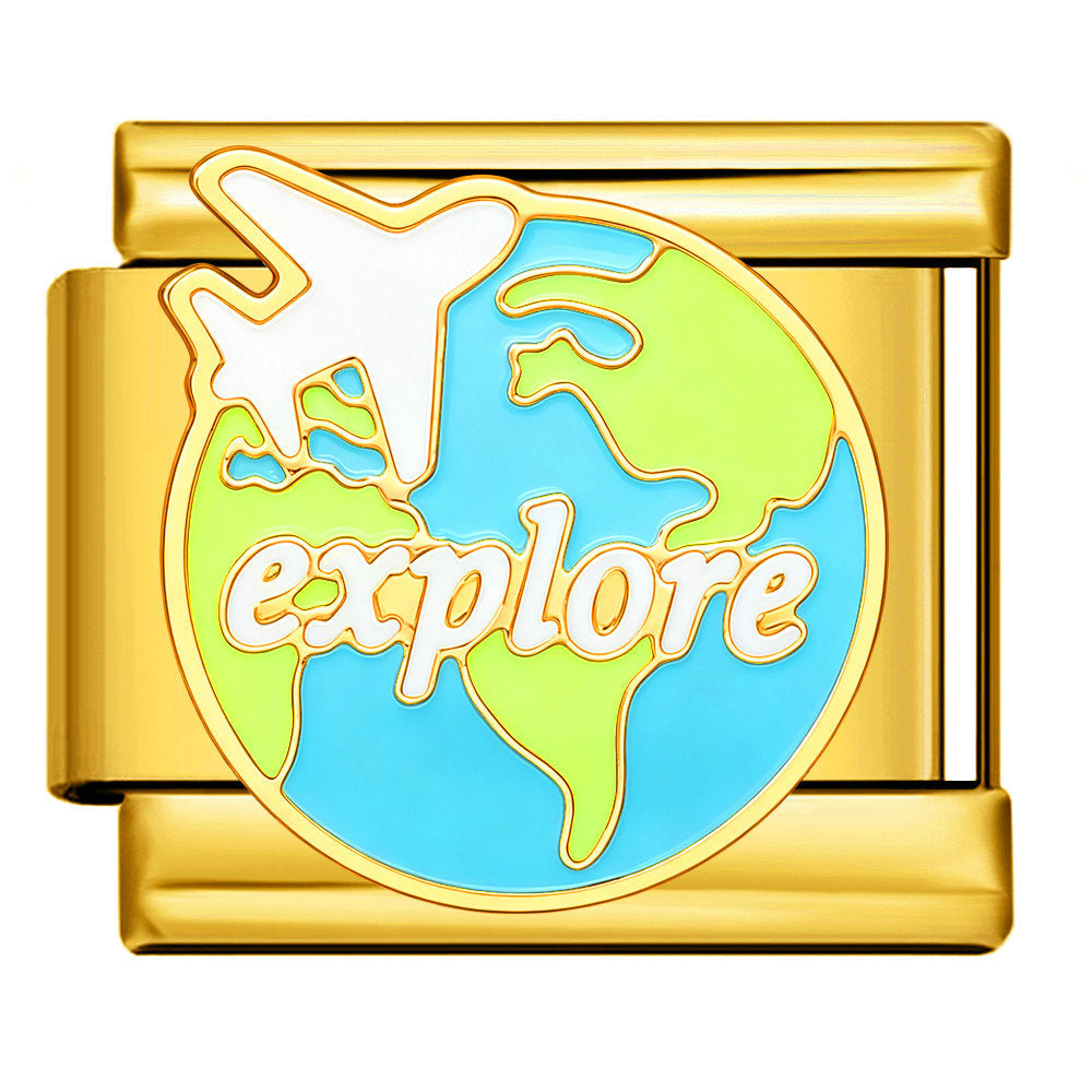 Gold toned charm with a globe that says 'explore' and a plane flying around it.