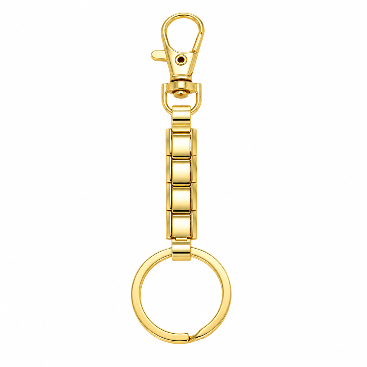 A polished gold-tone metal keychain featuring a lobster clasp, a multi-link chain, and a split key ring, isolated on a solid white background.