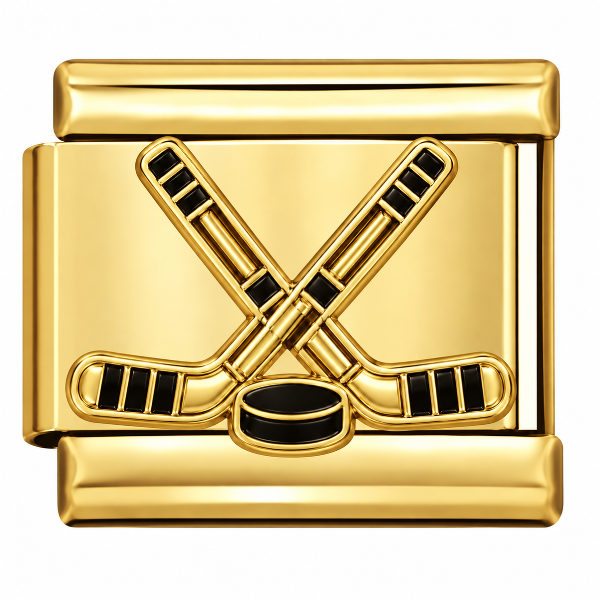 Gold-toned Italian charm link with two crossed hockey sticks and a classic black puck