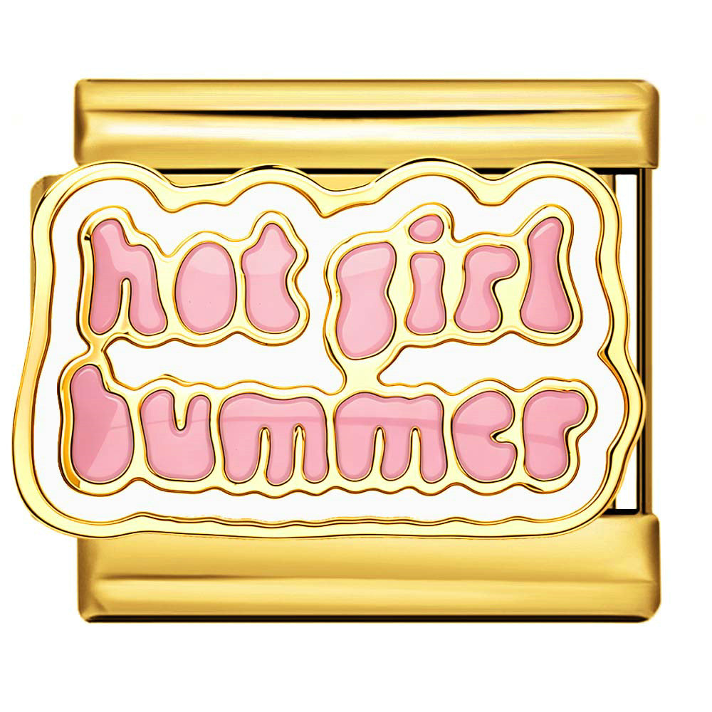 gold toned charm that says 'hot girl summer' in pink letters with a white background