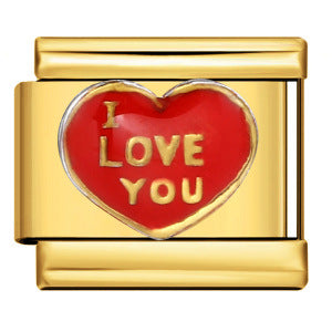 Gold-toned Italian charm with a red heart that says "I love you" in the center