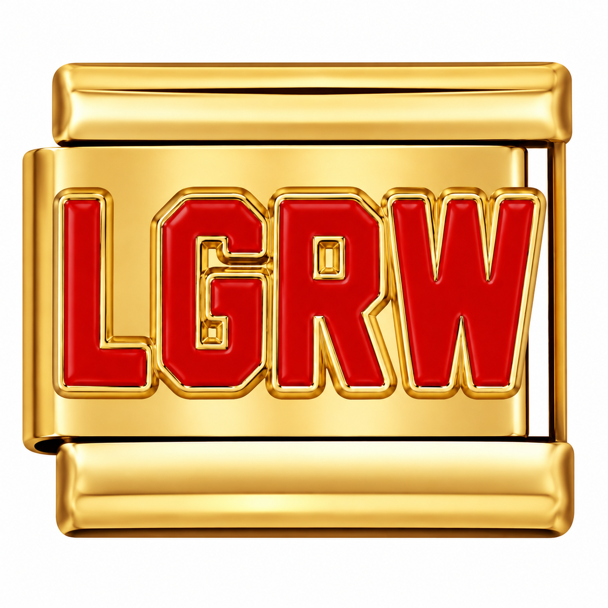 Gold-toned Italian charm link with bold red varsity letters spelling 'LGRW'