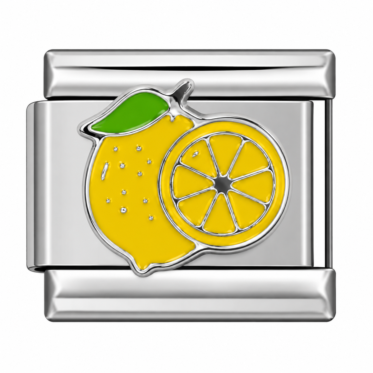 A silver-toned rectangular charm link featuring an enamel lemon design with a whole lemon, a sliced lemon wheel, and a green leaf