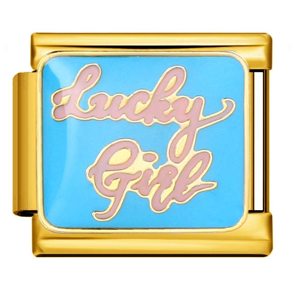 Gold Lucky Girl Italian Charm featuring the words Lucky Girl in pink cursive lettering on a bright blue enamel background.