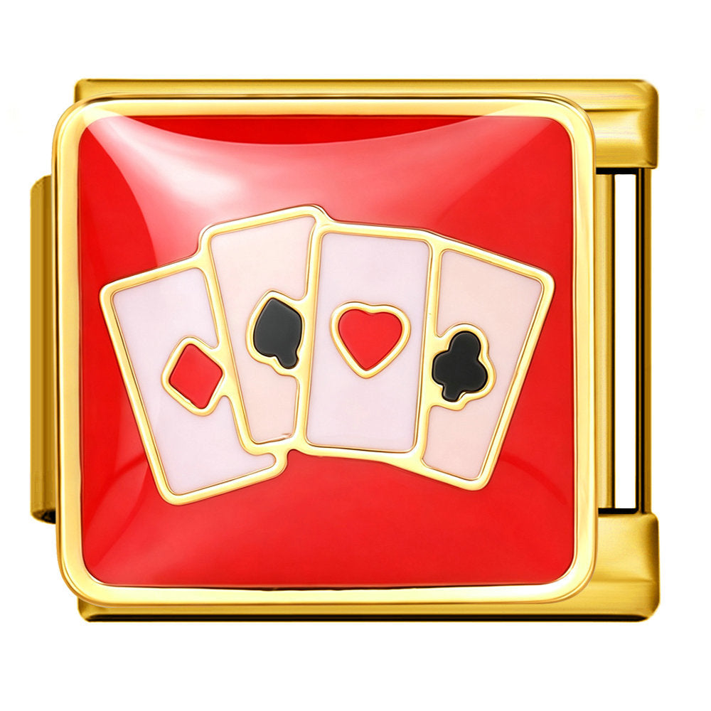 A square gold-tone charm featuring a glossy red enamel face with four fanned playing cards in white, red and black
