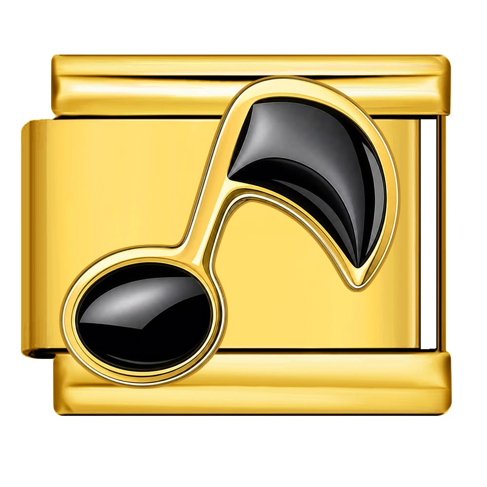 A gold-toned rectangular charm with a glossy black musical note design on the front