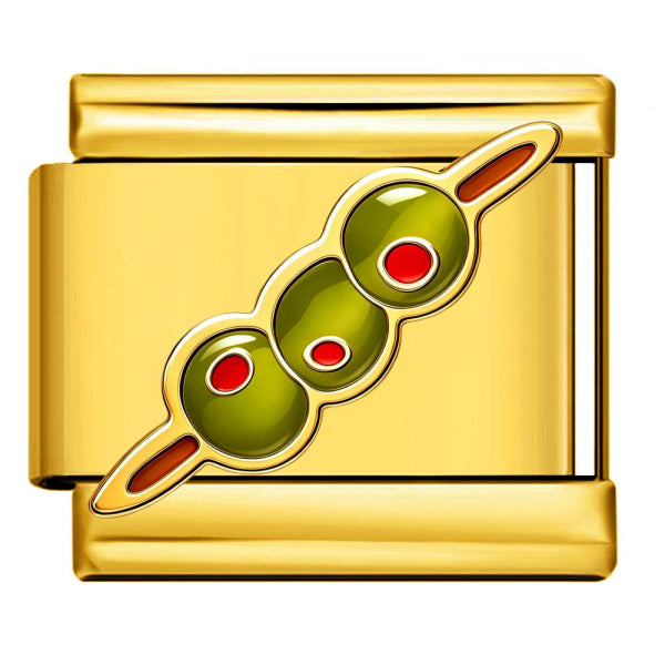 A gold-toned rectangular charm link featuring a diagonal green olive motif with red pips
