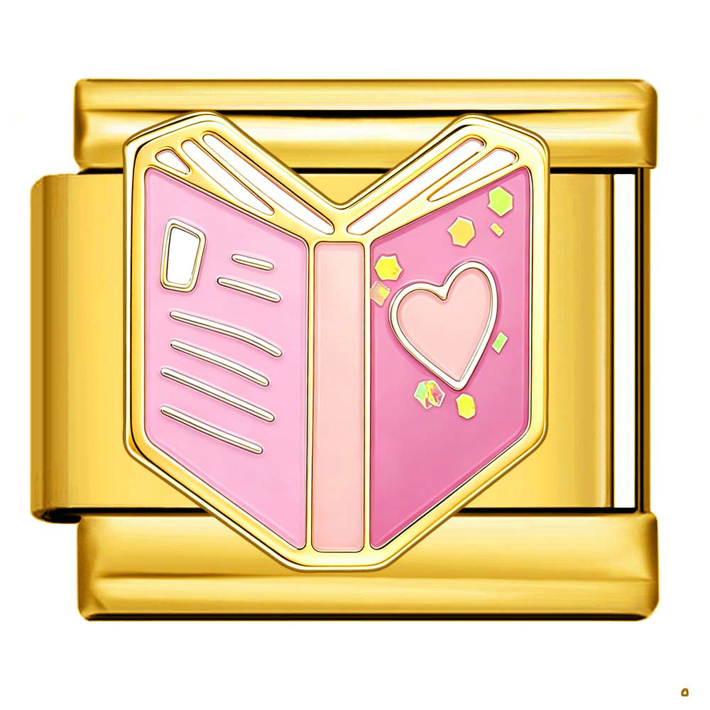 A gold-toned rectangular metal charm with a central open-book-shaped pink enamel insert featuring a heart outline and small confetti details