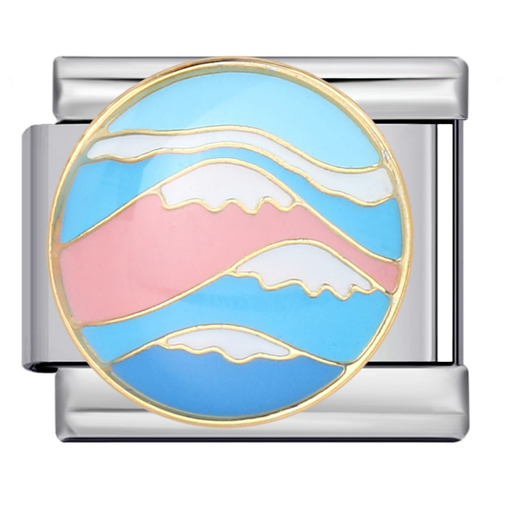 Silver-toned Italian charm link with layered blue and pink mountains with white snowcapped peaks and gold details.