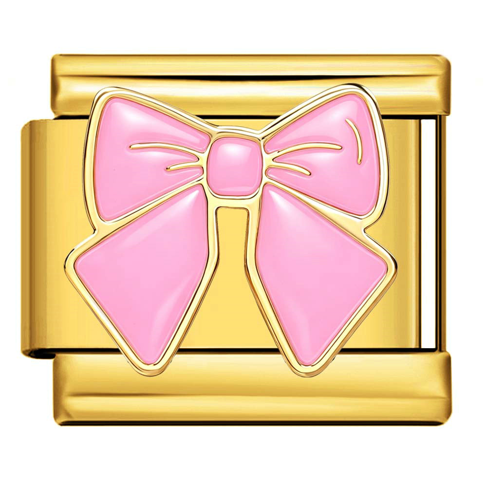 Gold charm with a pink bow