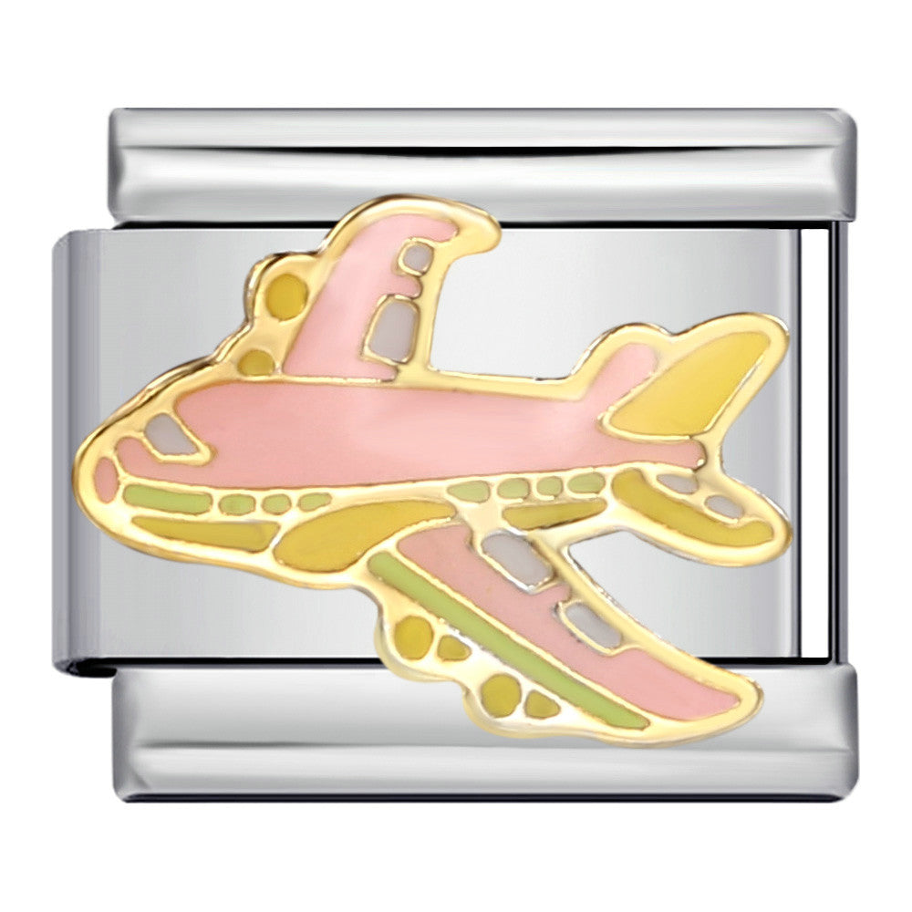 Silver-toned Italian charm link with a pink airplane with gold details