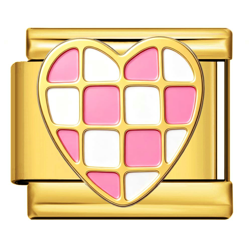 A gold-plated rectangular charm link featuring a heart-shaped grid pattern with alternating pink and white squares