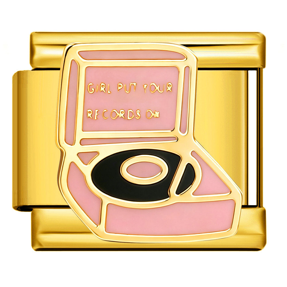 Gold toned charm with a pink record player and gold details with a black vinyl on the player