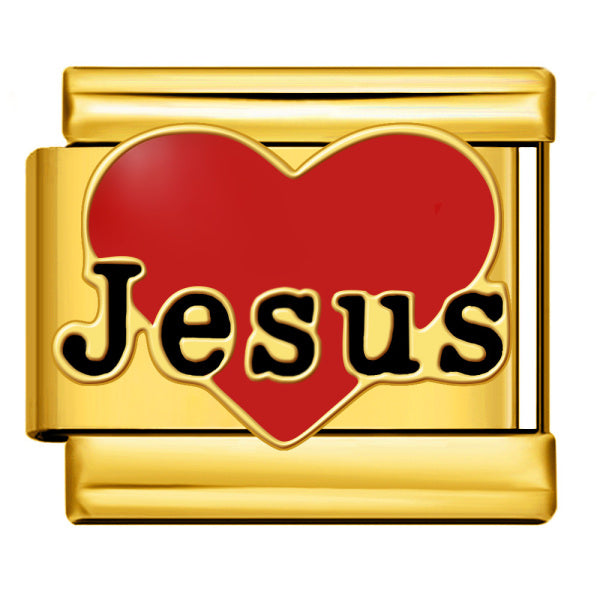 Gold-toned Italian charm with a bright red heart with “Jesus” lettering across the lower part of the heart