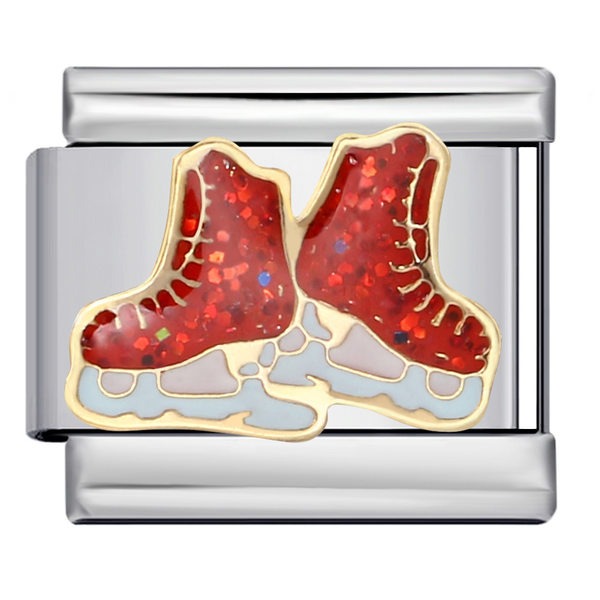 Silver Italian charm with red glitter ice skates