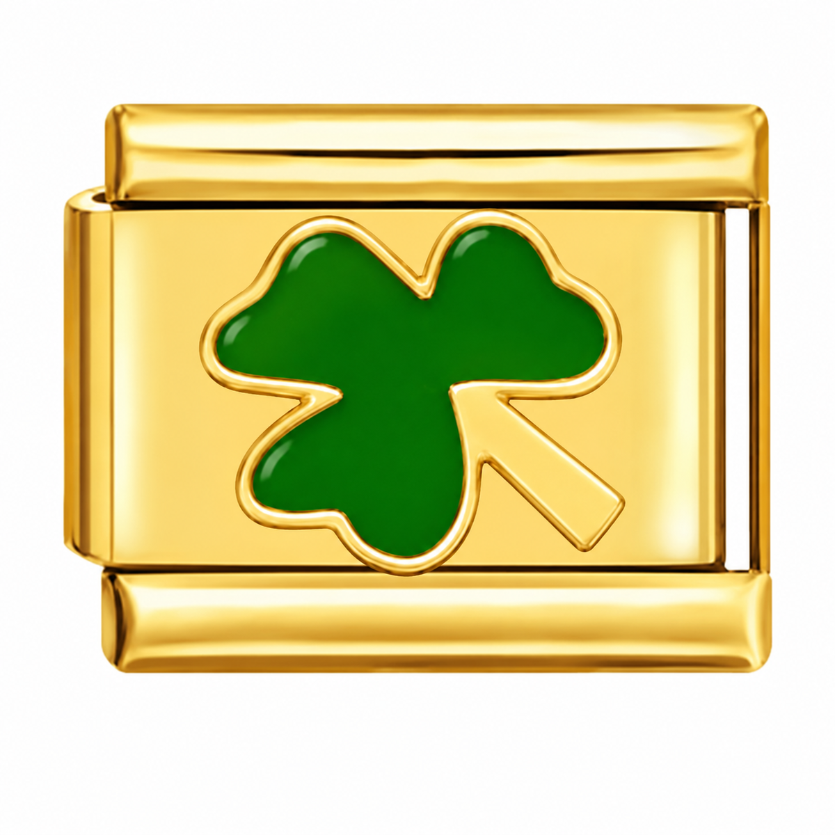 Gold Three Leaf Clover Italian Charm featuring a solid green three-leaf shamrock on a polished gold Italian charm link.