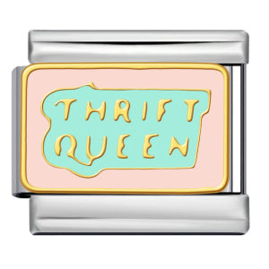 Silver-toned Italian charm link with retro-inspired lettering in mint green and gold against a pretty pink background that says 'thrift queen'