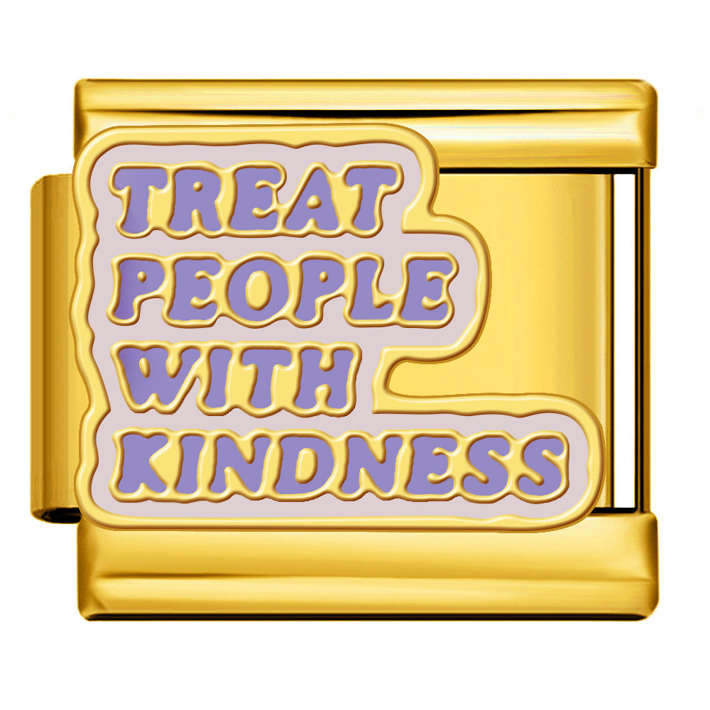 A gold-toned rectangular charm link with a wavy lavender enamel background and raised purple lettering that reads “TREAT PEOPLE WITH KINDNESS,” shown on a plain white background.