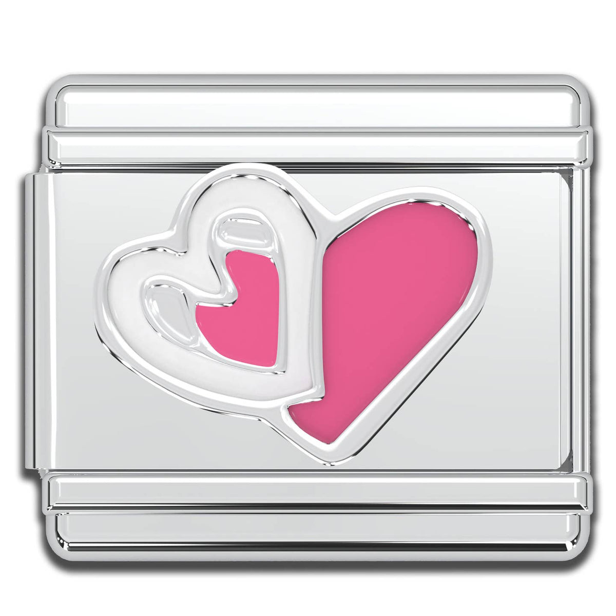 Silver charm with a pink and white heart design