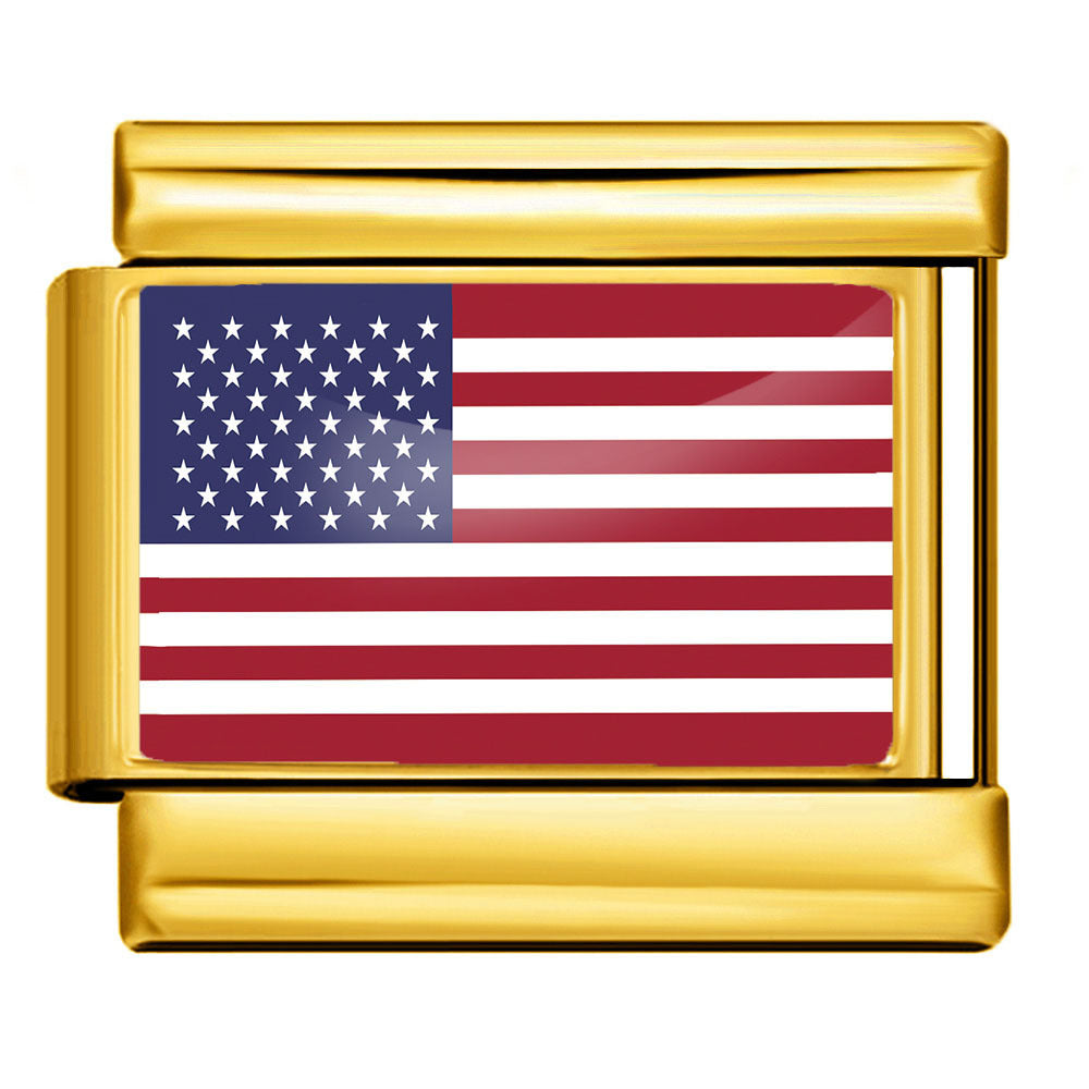 Gold American Flag Italian Charm featuring the United States flag with white stars on a navy blue field and red and white horizontal stripes.