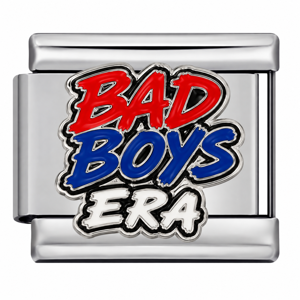 Silver-toned Italian charm link that says 'Bad Boys Era' in red, blue and white outlined in black.
