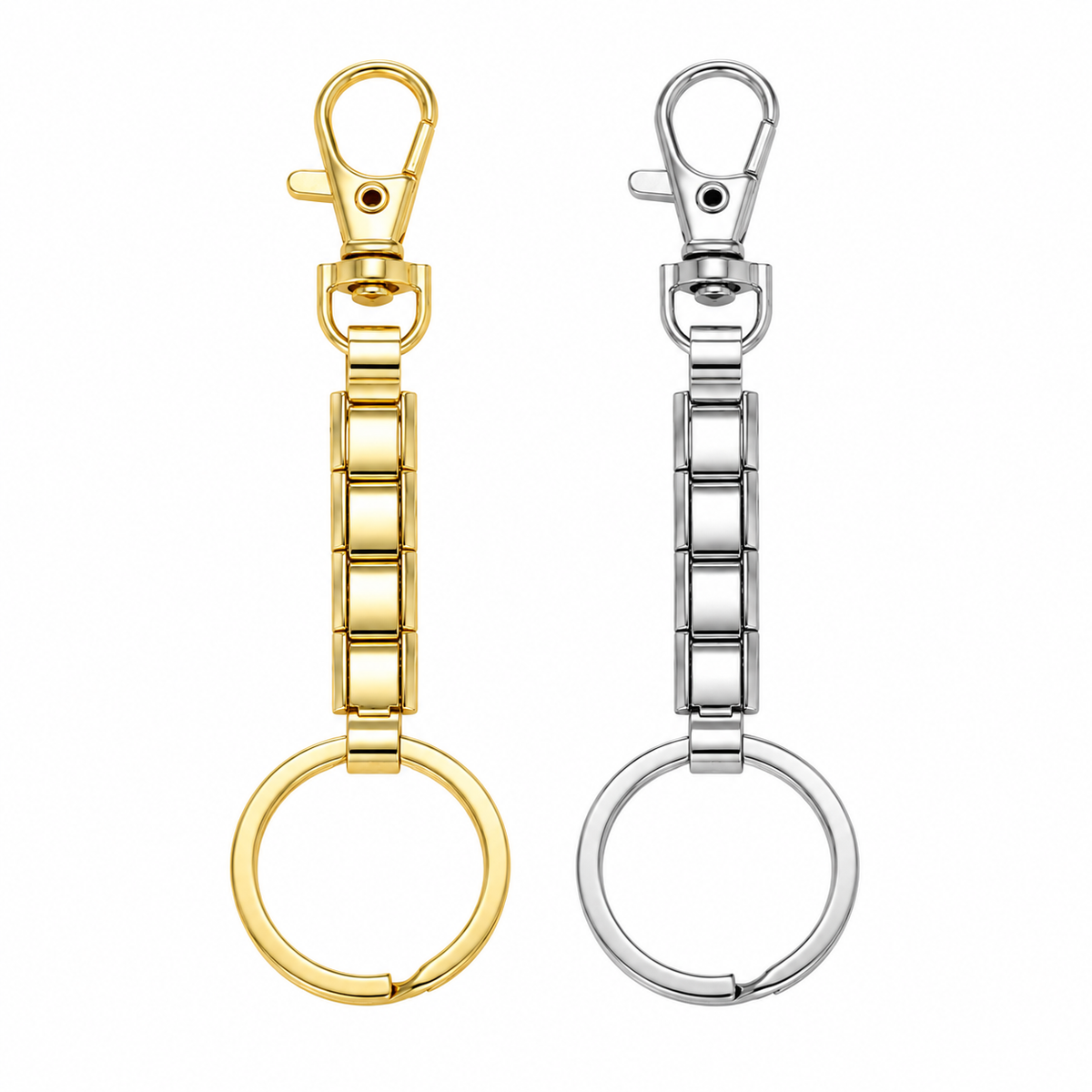 Two metal keychain clasp rings shown side by side on a plain white background. The left keychain is polished gold-tone, and the right keychain is polished silver-tone, both with lobster clasp tops and circular key rings.