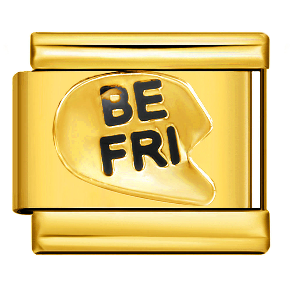 A gold-toned metal charm link with a glossy finish, featuring a central enamel inlay that reads 'BE FRI' in black lettering, one half of Best Friends