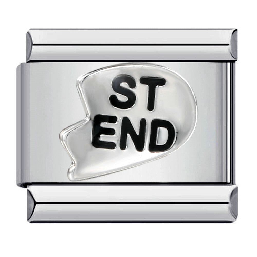A silver-toned metal charm link with a glossy finish, featuring a central enamel inlay that reads 'ST END' in black lettering, one half of Best Friends