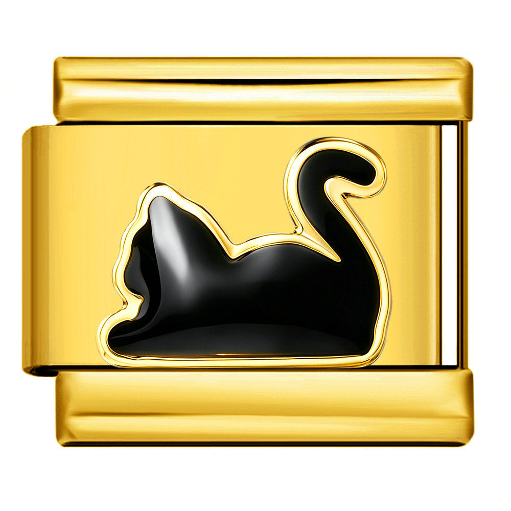 A gold-toned rectangular charm link featuring a glossy black cat silhouette with a polished gold outline