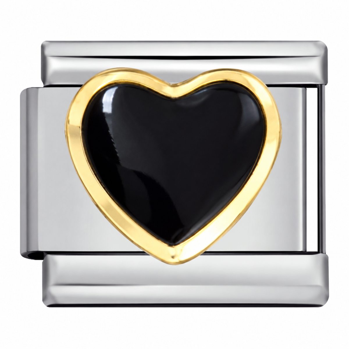 Silver-toned Italian charm with a black heart with a gold outline