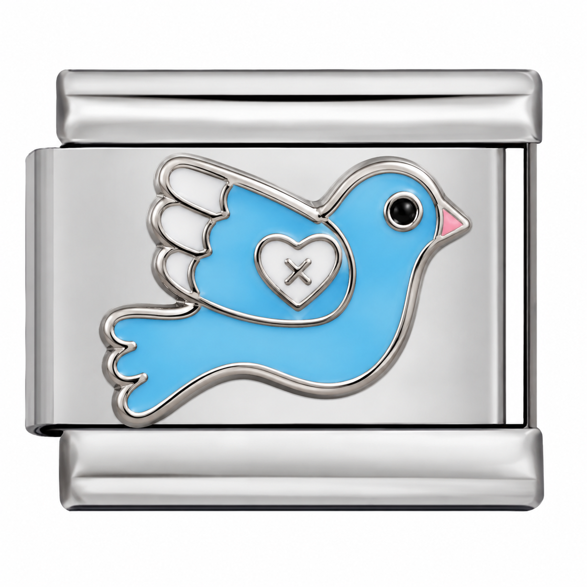 A silver-toned Italian charm link featuring a light blue enamel bird with a silver heart outline and pink beak