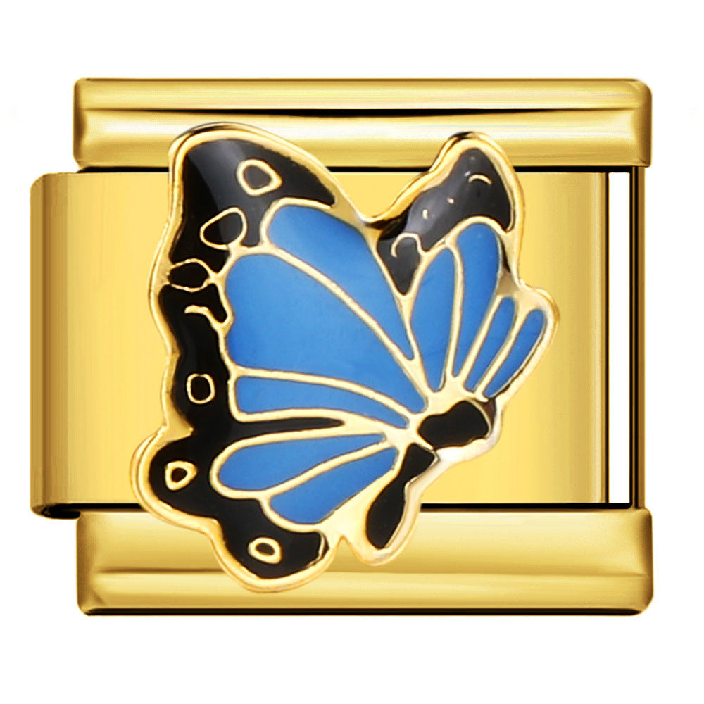 Gold Blue Butterfly Italian Charm featuring a butterfly with bright blue wings, black borders, and detailed gold outlines.