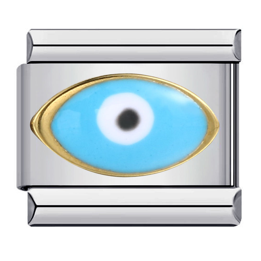 A silver-toned Italian charm link featuring an evil eye motif with a light blue iris, white ring, black pupil, and gold border