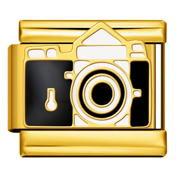Black and white camera on a gold-toned Italian charm